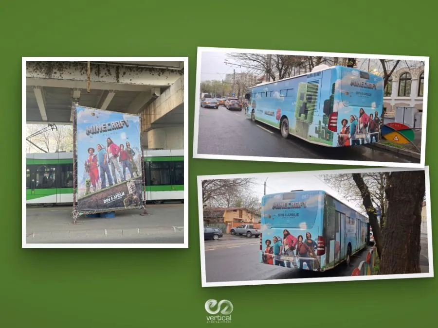 Campanie OOH Minecraft Filmul — bannere stradale și autobuze